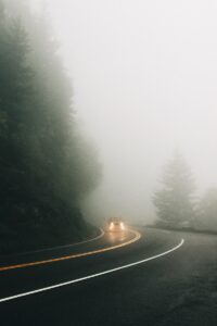 car driving under uncertainty of fog on a road near trees