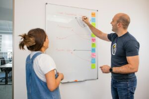 a man and a woman writing on a white board about startup leadership
